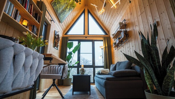 A cozy, wooden interior with a large window, a sofa, a bookshelf, and various plants. - Taunus Tinyhouse (Weilrod)