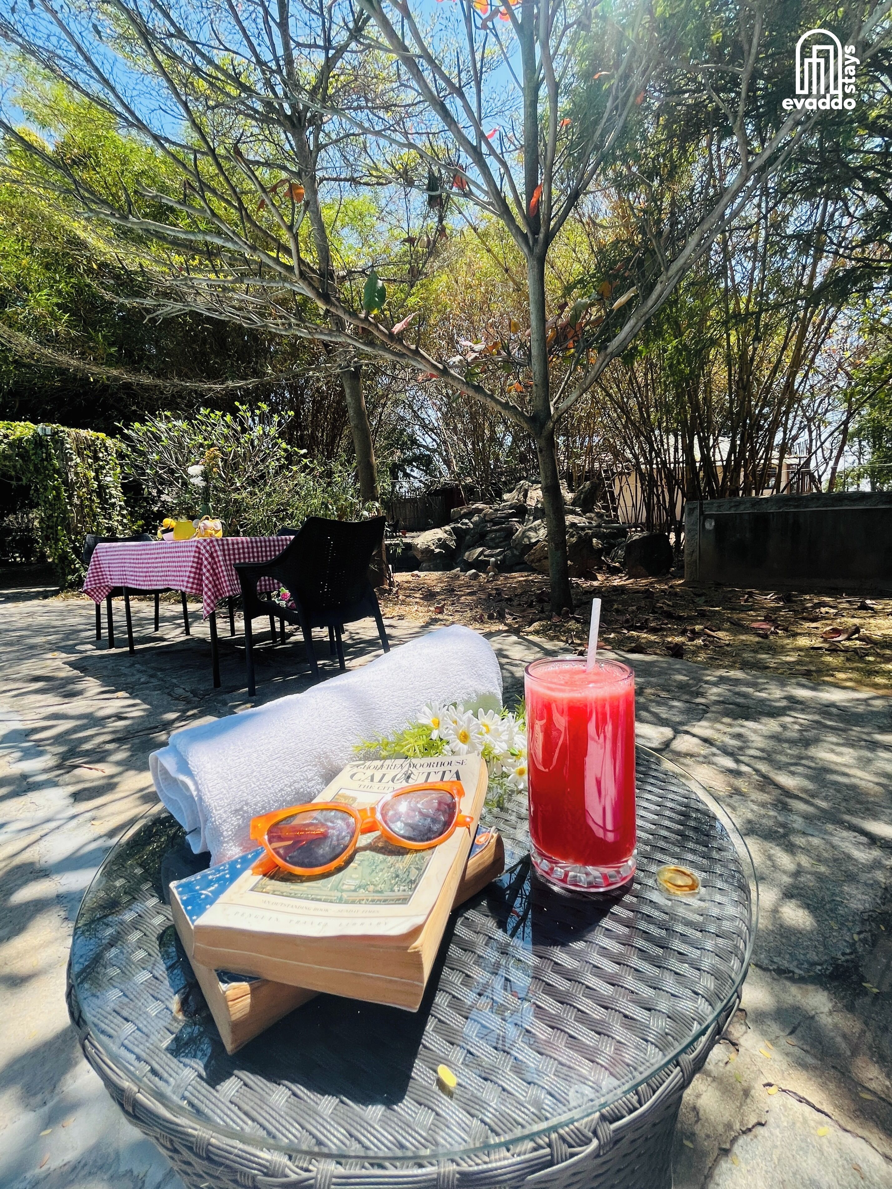 Una mesa con un libro, gafas de sol y una bebida, ubicada al aire libre con árboles y un cielo despejado de fondo.