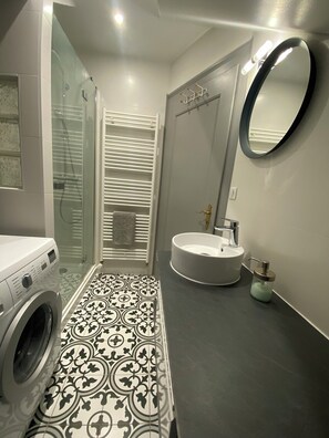 Shower, hair dryer, towels