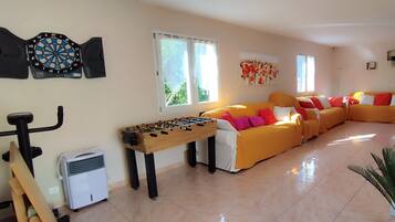 Télévision, lecteur de DVD, table de tennis de table, livres