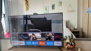 A TV on a wooden stand with a Netflix and YouTube interface, a small Christmas tree, and a bed in the background. - Deluxe 3 Br Happy House - Novaworld PT (Tien Thanh)