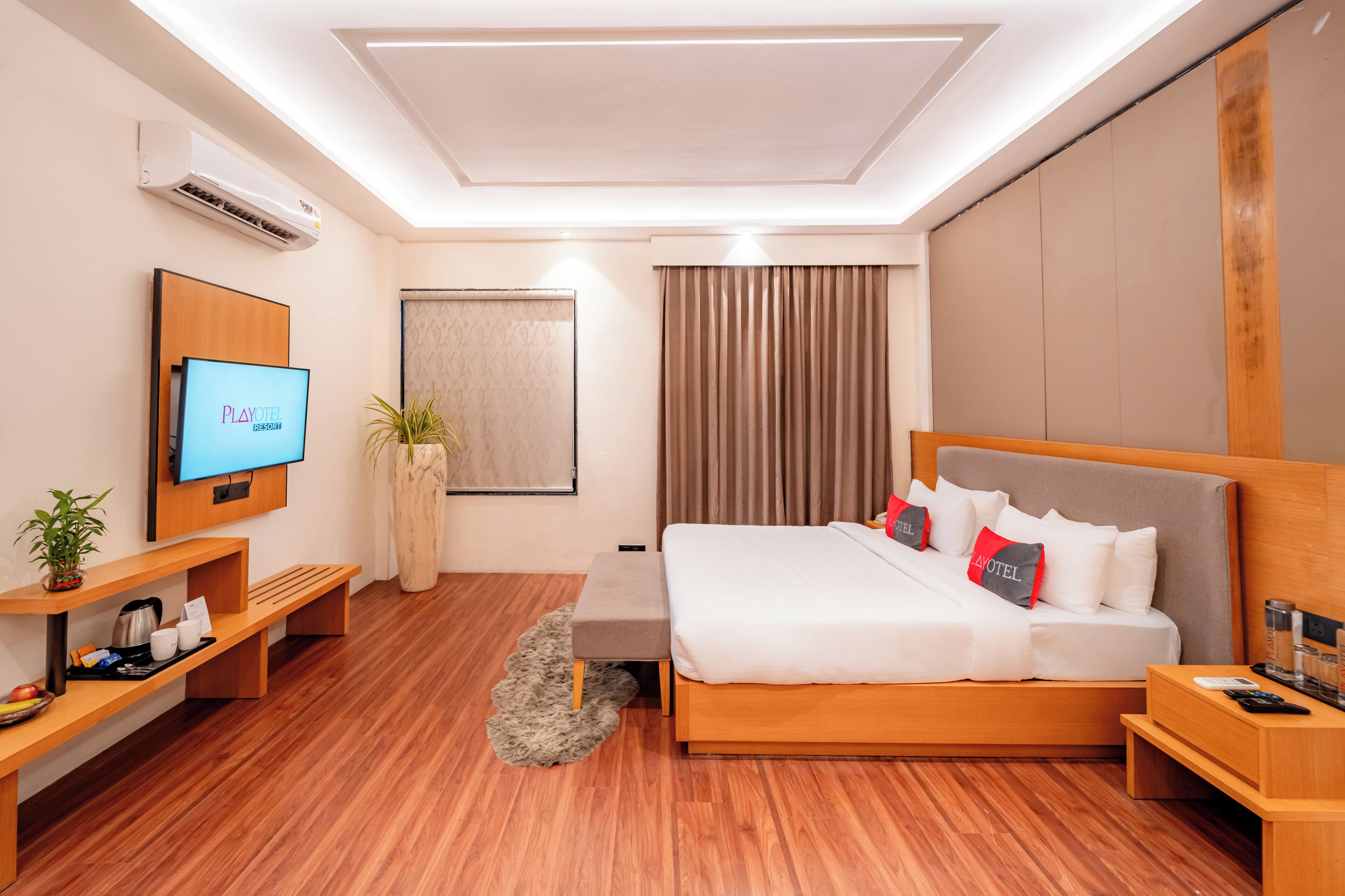 A modern hotel room with a large bed, a TV, a wooden desk, and a plant.