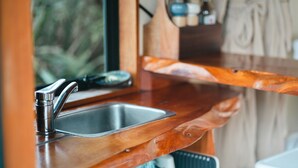A kitchen with a stainless steel sink, wooden countertop, and a window with greenery outside.