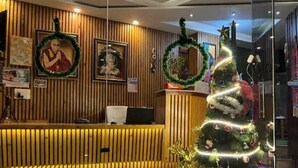 A reception area with a wooden panel wall, a Christmas tree, and a statue of a reindeer. - THE SIDDHARTHA (Dharamshala)