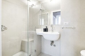 Shower, hair dryer, bidet, towels