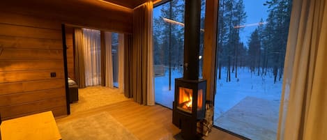 Deluxe-chalet, näköala puistoon (Arctic Sky Villa) | Oleskelualue | Televisio