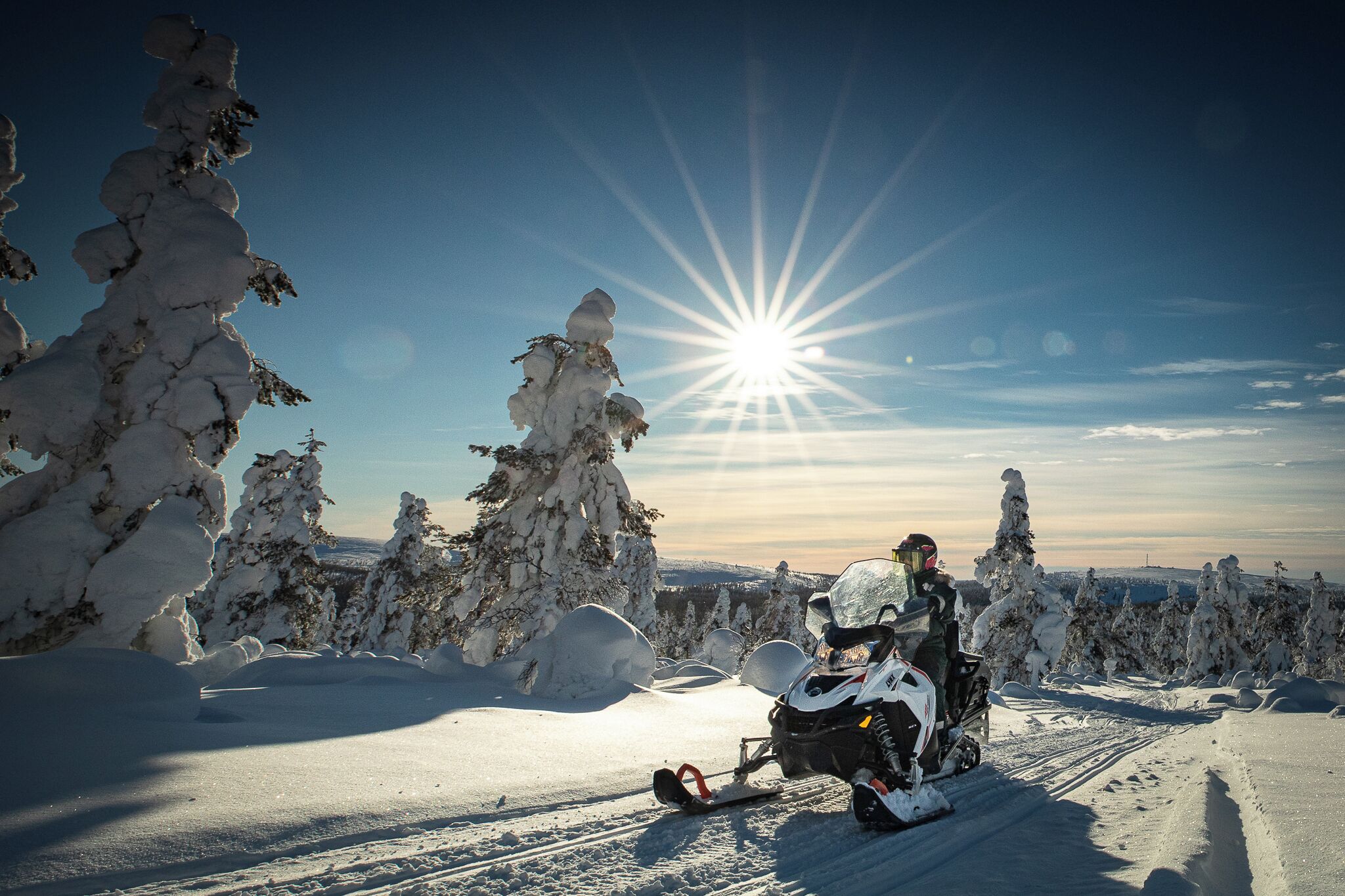 A snowmobile on a snowy path with snow-covered trees and a clear sky.