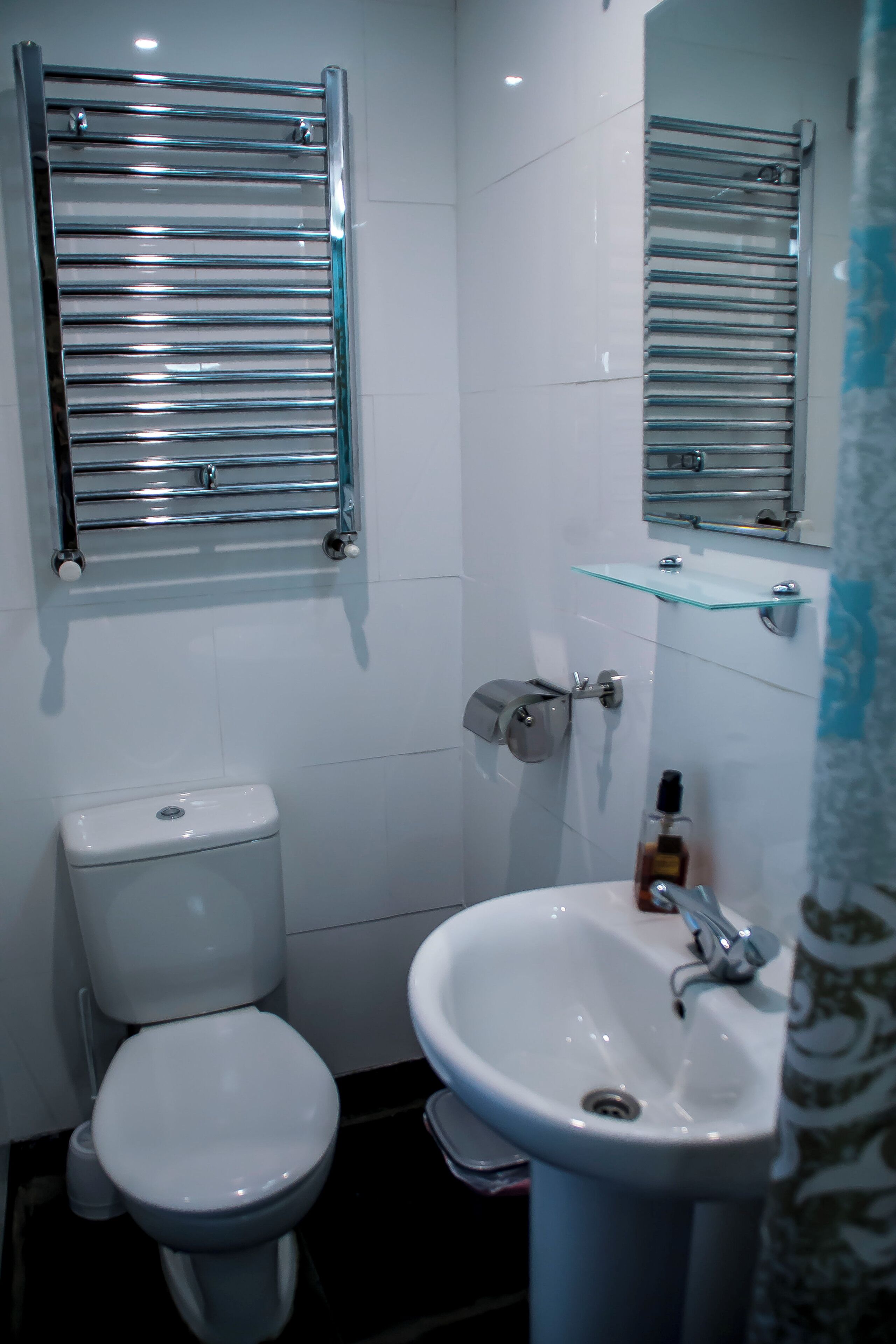 A bathroom with a toilet, a sink, a towel rack, and a mirror.