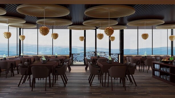 Un restaurante con vistas panorámicas, que cuenta con lámparas tejidas circulares y suelo de madera.