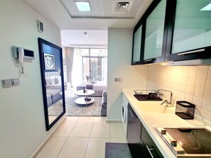 Fridge, microwave, stovetop, toaster