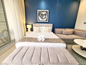 1 bedroom, desk, iron/ironing board, travel cot