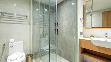 Appartement Deluxe, 3 chambres | Salle de bain | Douche, articles de toilette gratuits, sèche-cheveux