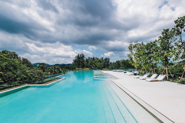 Outdoor pool, pool umbrellas, pool loungers