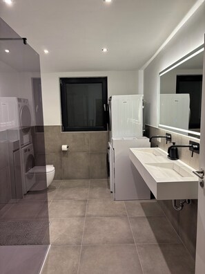 Shower, hair dryer, towels, soap