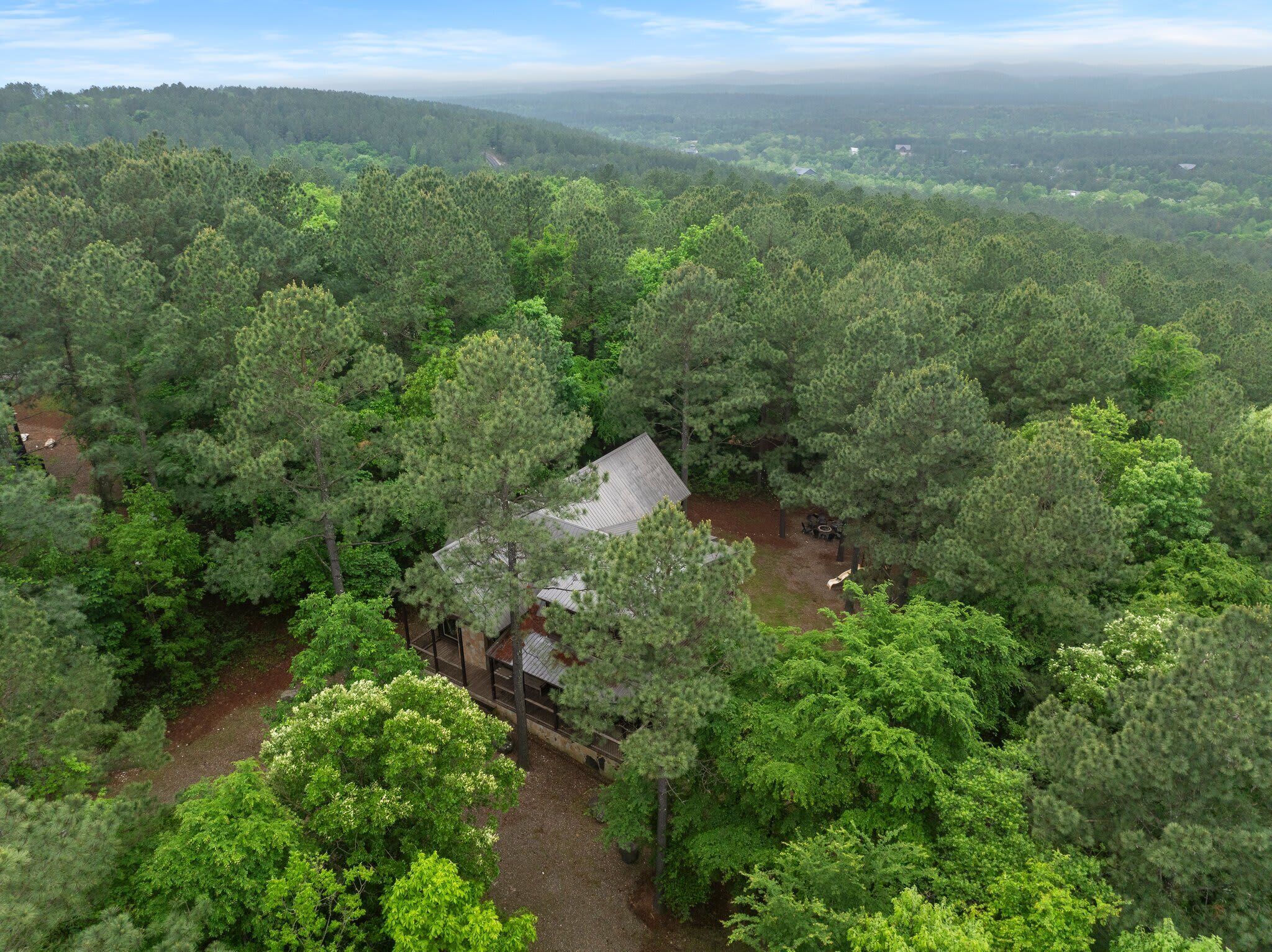 A cabin surrounded by dense forest with a clear view of the surrounding landscape.