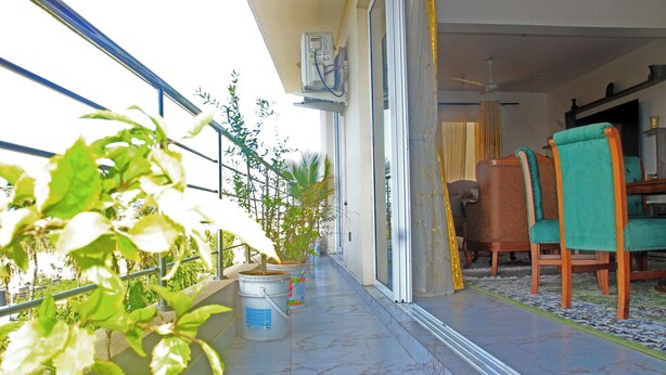 Ein Balkon mit Topfpflanzen, ein Essbereich mit Stühlen und ein Deckenventilator.