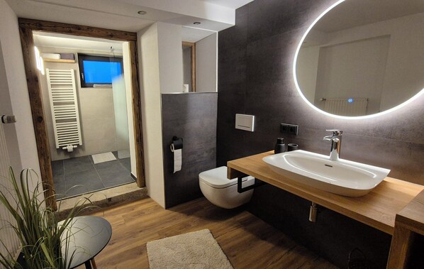 Douche, serviettes fournies, papier de toilette