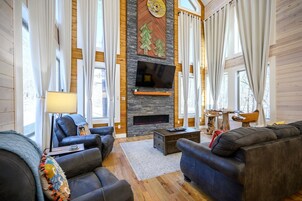 Cabin, Multiple Beds, Hot Tub, Garden View (Stardust Hollow) | Living area | 55-inch flat-screen TV with digital channels, fireplace