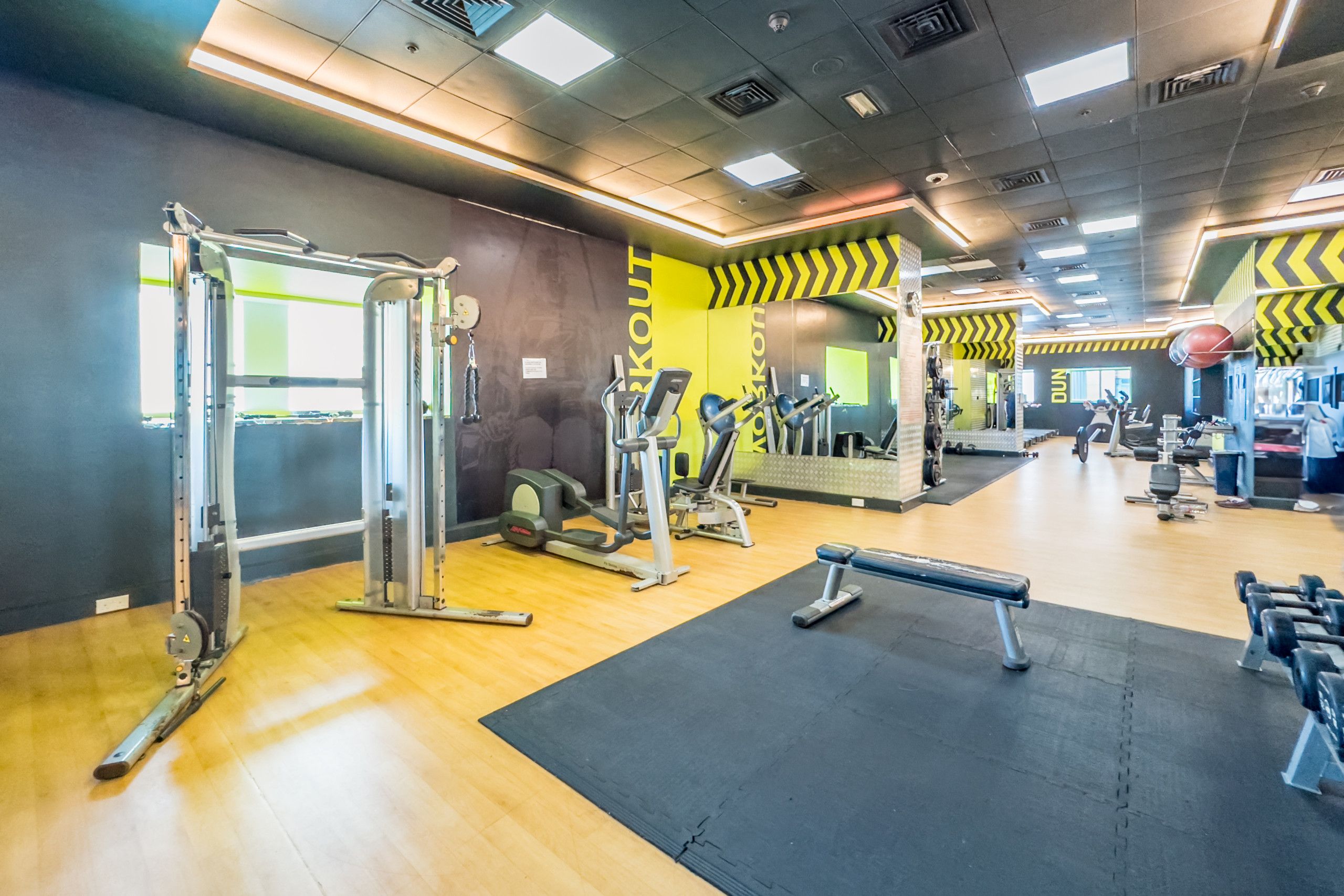 Une salle de sport équipée de divers appareils d’entraînement, notamment des machines à poids et des poids libres, disposés sur un plancher en bois recouvert de tapis noirs.