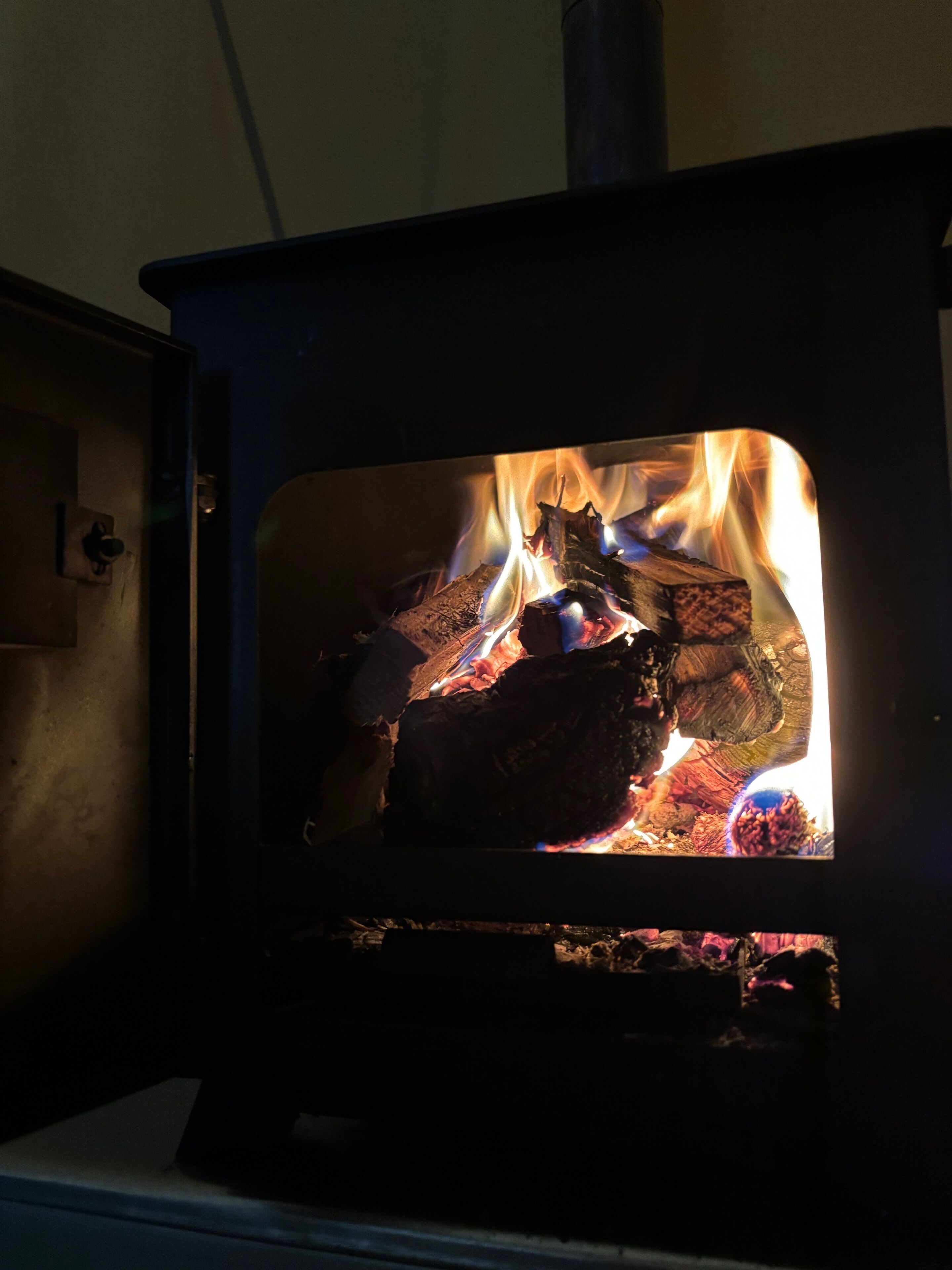 Un poêle à bois dont on peut voir les flammes et les bûches à l ’intérieur.