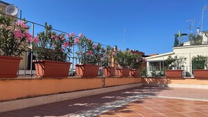A rooftop terrace with terracotta tiles, potted plants, and a clear blue sky. - Little Aventino B&B - Charming bed & breakfast with AC/WiFi in the heart of Rome (Rome)