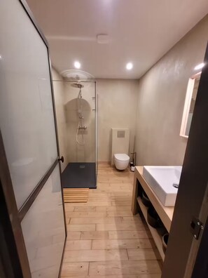 Chuveiro, secador de cabelo, toalhas de banho, sabonete