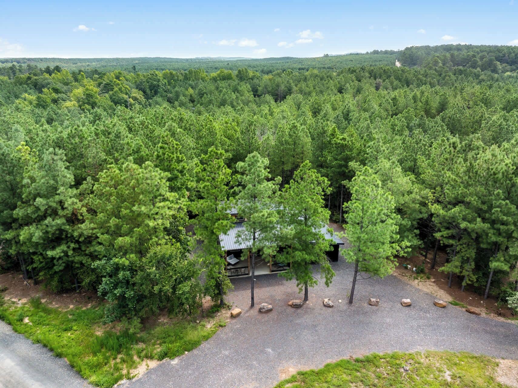 A forested area with a small building surrounded by trees.