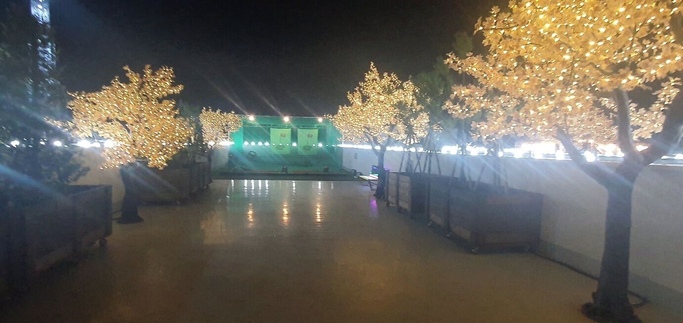 A corridor with trees adorned with lights, leading to a green-lit area with two doors.