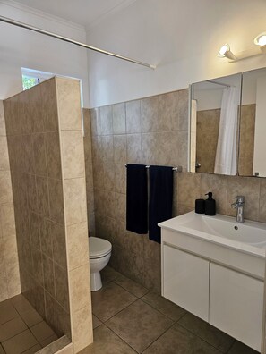 Een moderne badkamer met een douche, toilet en wastafel.