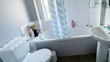 Hair dryer, towels, shampoo, toilet paper