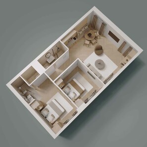A 3D floor plan of a modern apartment with a living room, dining area, kitchen, and two bedrooms. - Superb air-conditioned apartment - Le Marais (Paris)