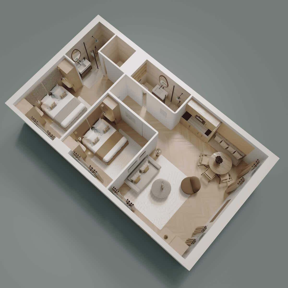 Un modèle 3D d’un appartement moderne comprenant un salon, une cuisine, deux chambres et une salle de bain.