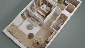 A 3D model of a modern apartment with a living room, dining area, kitchen, two bedrooms, and a bathroom.