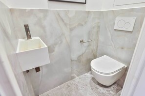 Shower, hair dryer, towels, shampoo