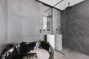 Shower, hair dryer, towels, shampoo