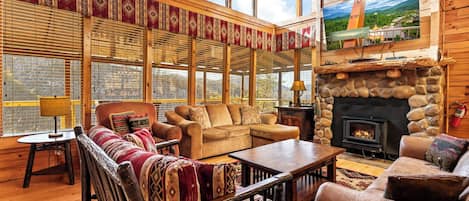 Télévision, cheminée, lecteur de DVD, espaces bureaux