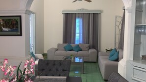Een woonkamer met een grijze bank, twee blauwgroene kussens, een bijzettafeltje en een plant.
