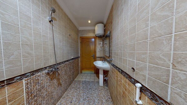 A narrow bathroom with tiled walls, a wooden door, a sink, and a shower.