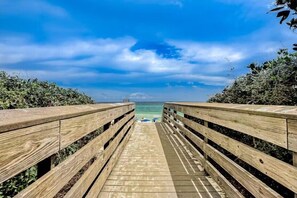 A wooden boardwalk leading to a beach with a clear view of the ocean and a partly cloudy sky. - 🌴Walk to Beach-3BR-Lake View-Seagrove Highlands 1304🌴 (Santa Rosa Beach)