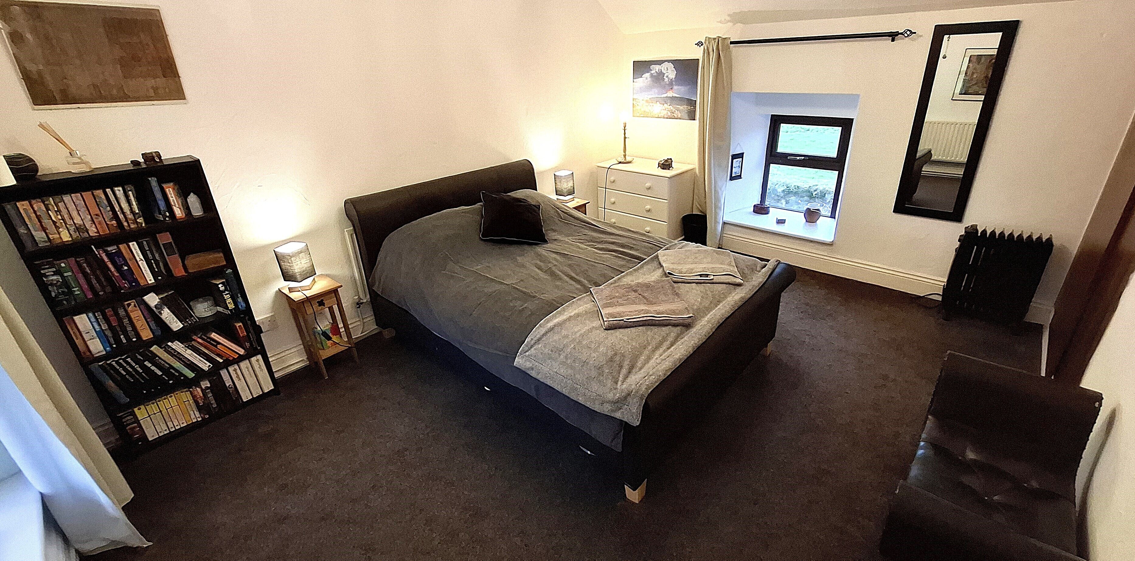 Quarto com cama, estante, cômoda, janela com vista e radiador.
