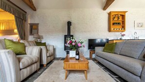 Un salon confortable avec une cheminée, un canapé, une table basse et un téléviseur.