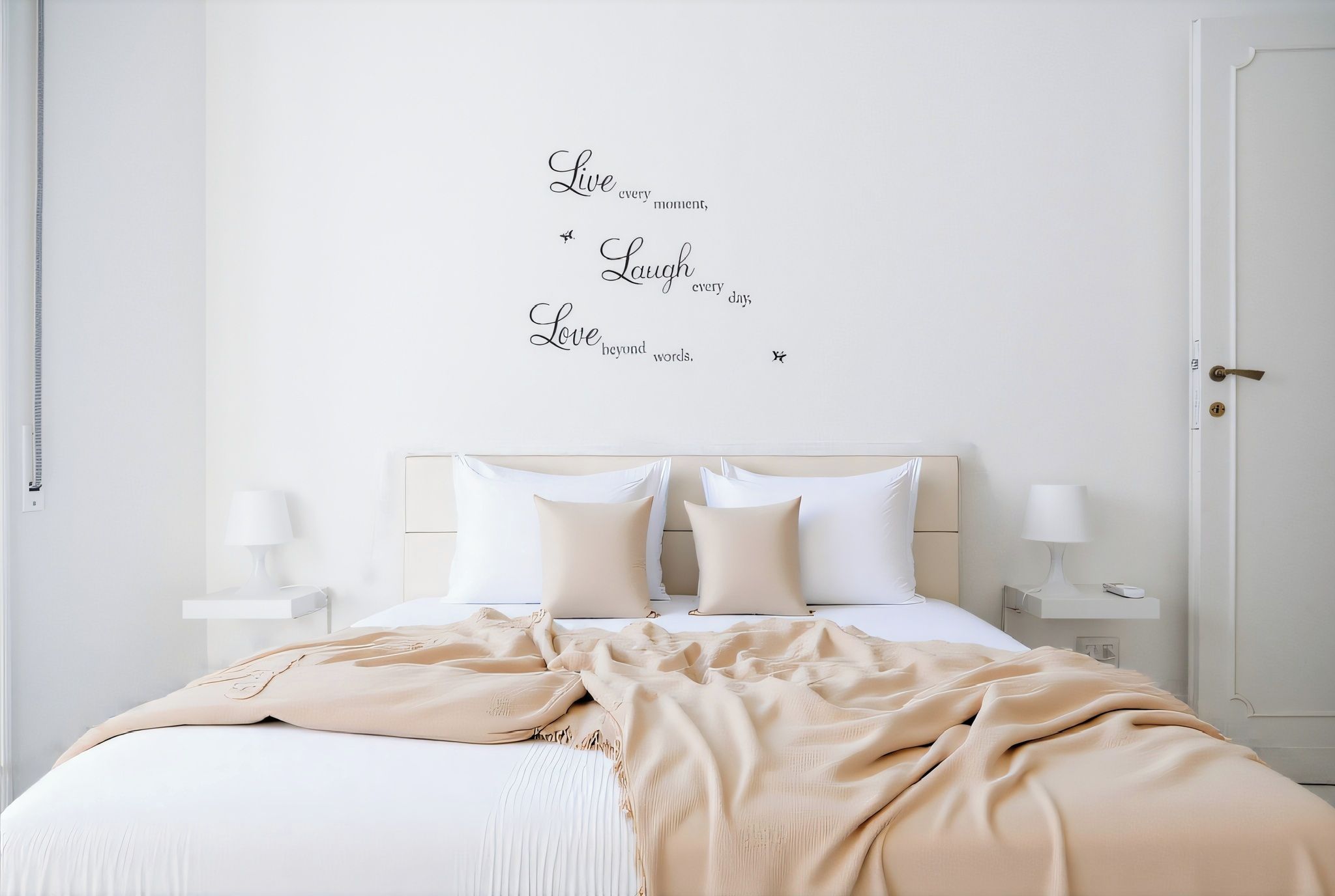 Un dormitorio con una cama, dos mesitas de noche y una pared con citas inspiradoras.