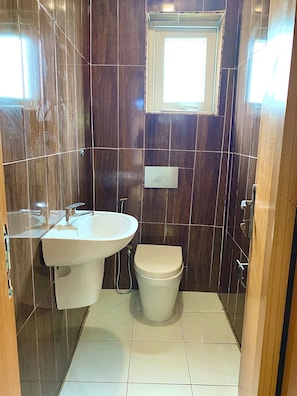 Shower, bidet, towels, toilet paper