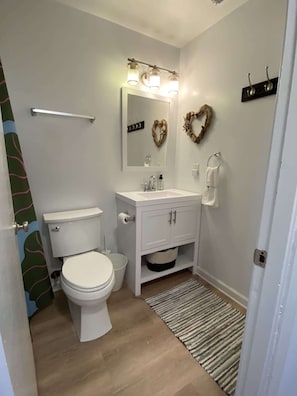 Shower, hair dryer, towels, shampoo
