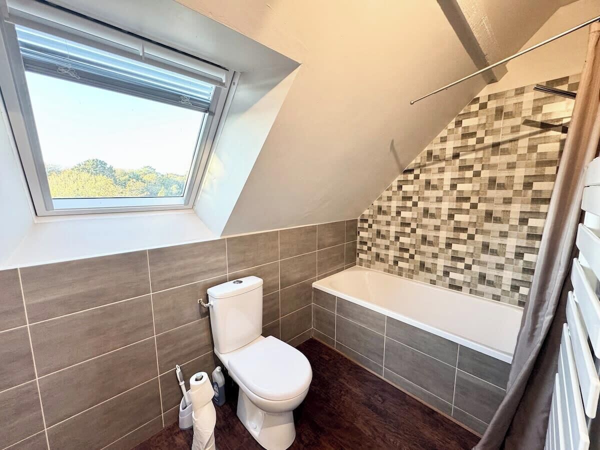 A bathroom with a toilet, a bathtub, and a window.