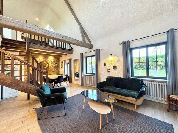 TV, fireplace, books