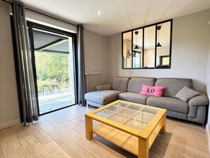 TV, fireplace, books