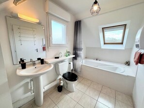 Regadera, secadora de cabello, papel de baño 