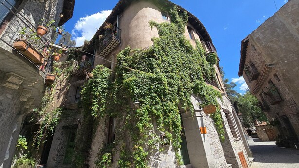 A narrow street with stone buildings, one with a curved facade partially covered by ivy. - Loft Pienza 6 (Val'Quirico)