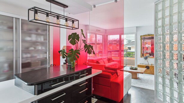 A modern kitchen with a black countertop, a red sofa, and a large plant.